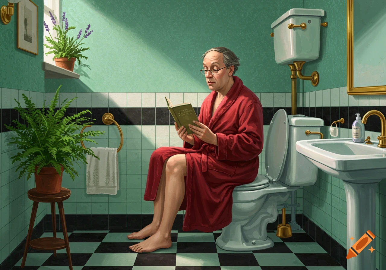 An older man in a red robe sits on a toilet in a green-tiled bathroom, reading a book. Sunlight streams through a window.