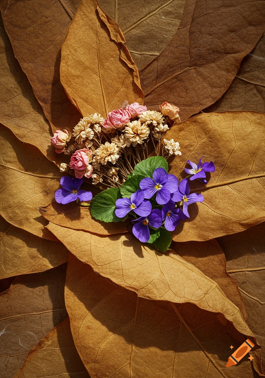 A top-down view of a bouquet of dried pink and white flowers and fresh purple violet flowers on a bed of dried brown leaves.