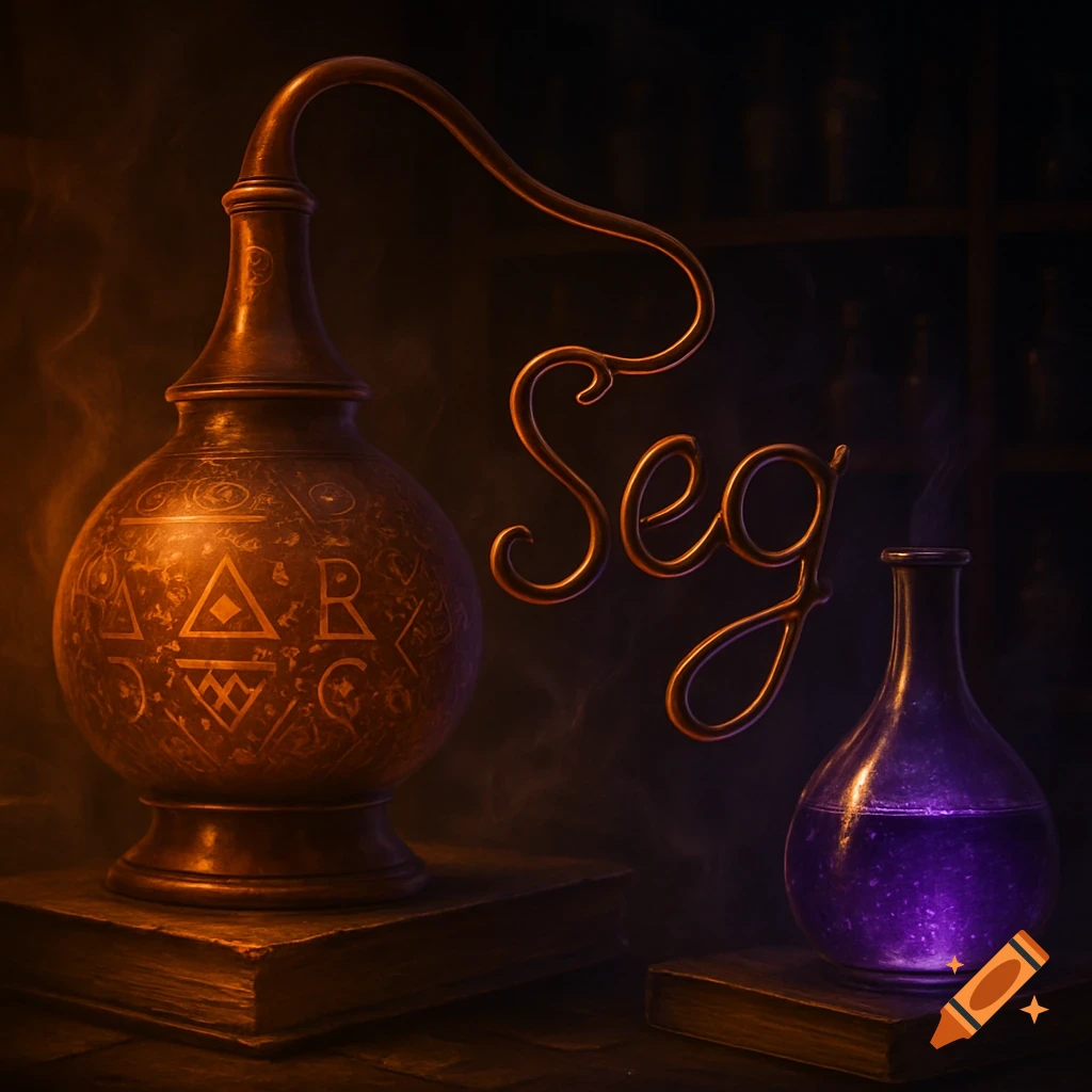 An alambic and a glowing purple potion connected by a tube forming the word "Seg" in a dark, magical setting.