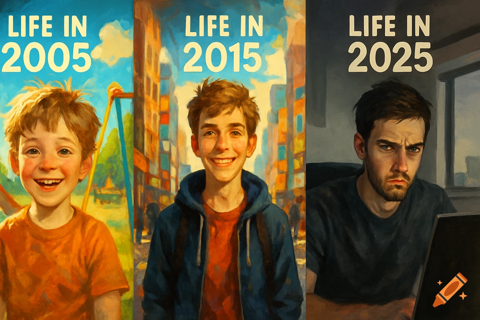 Painterly triptych shows a boy aging: happy child in 2005, smiling teen in 2015, grumpy adult in 2025 at a computer.