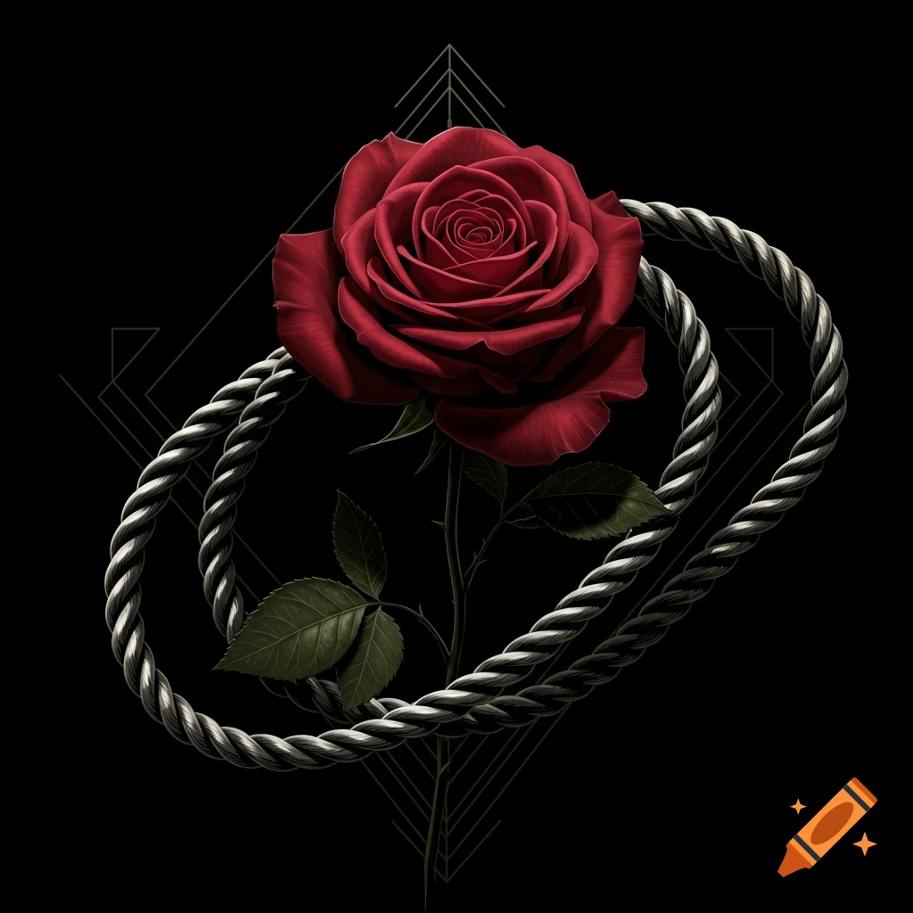 A graphic, dark art deco image of a vibrant red rose with a thorny stem, encircled by a thick silver rope against a black background with subtle geometric lines.