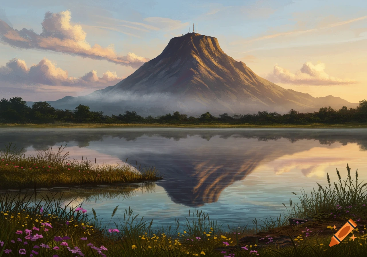 A serene painterly landscape features a large mountain reflected in a still lake at sunrise, with wildflowers in the foreground.