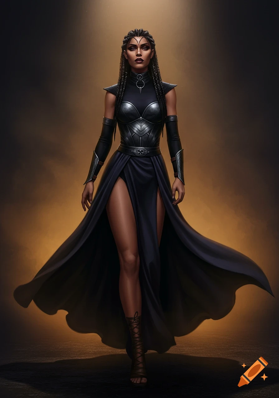 A woman with braided hair wearing a black flowing gown with high slits, a metallic corset, and arm cuffs, stands against a warm, dramatic background.