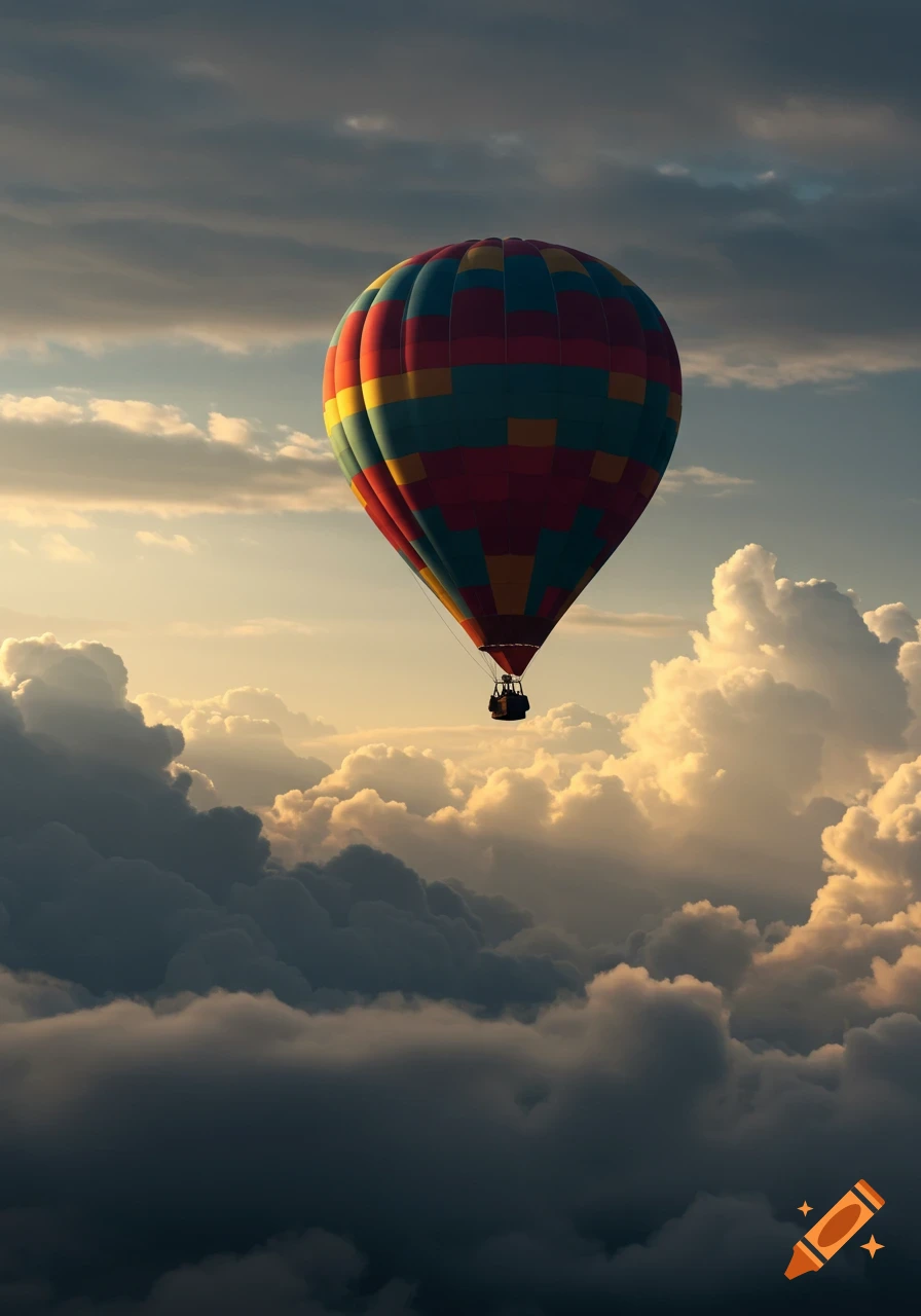 A colorful hot air balloon floats high above a vast expanse of golden and dark clouds, illuminated by the sunset.