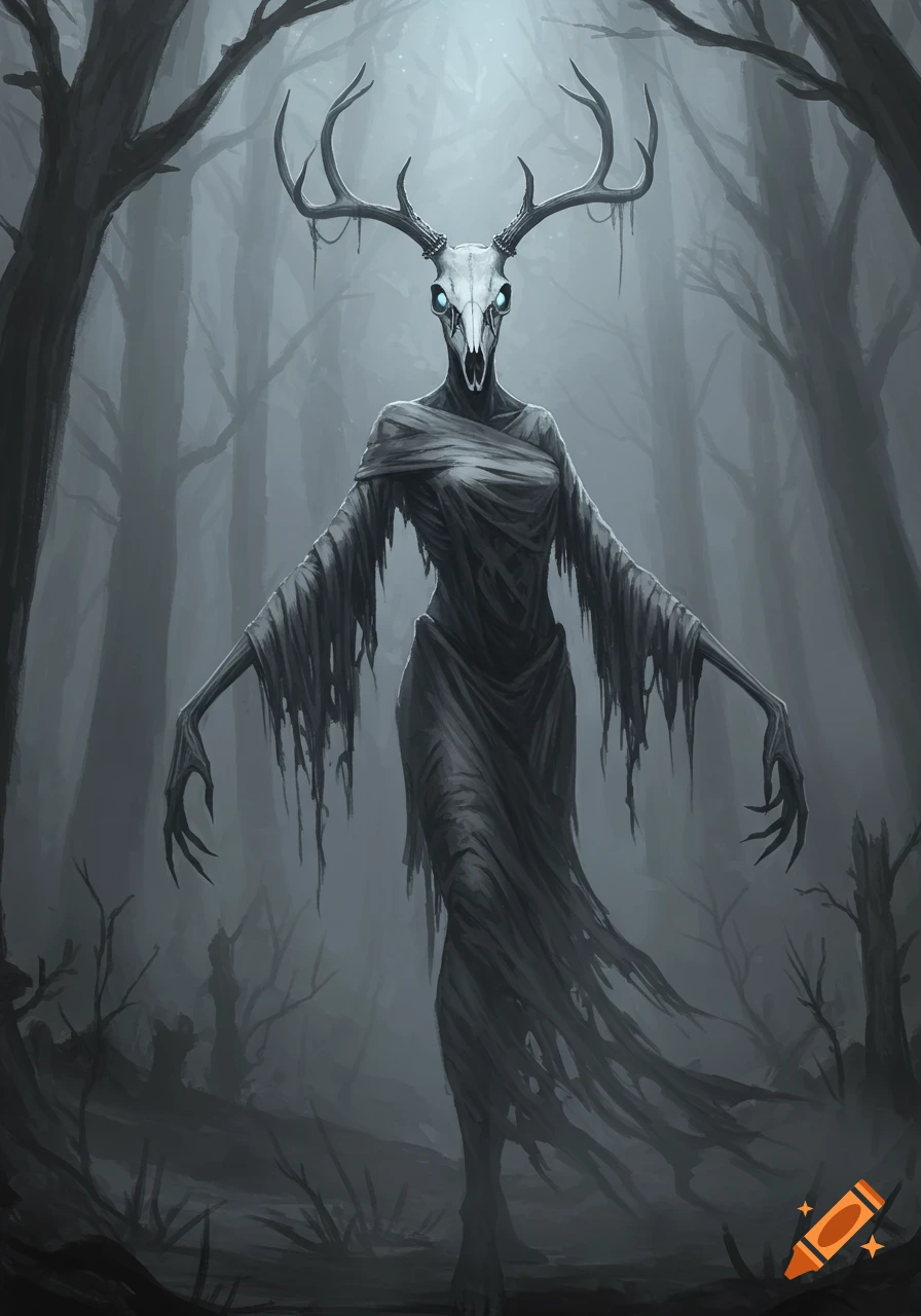 A gaunt, antlered figure with a deer skull head and tattered robes stands in a dark, misty forest, digital art.