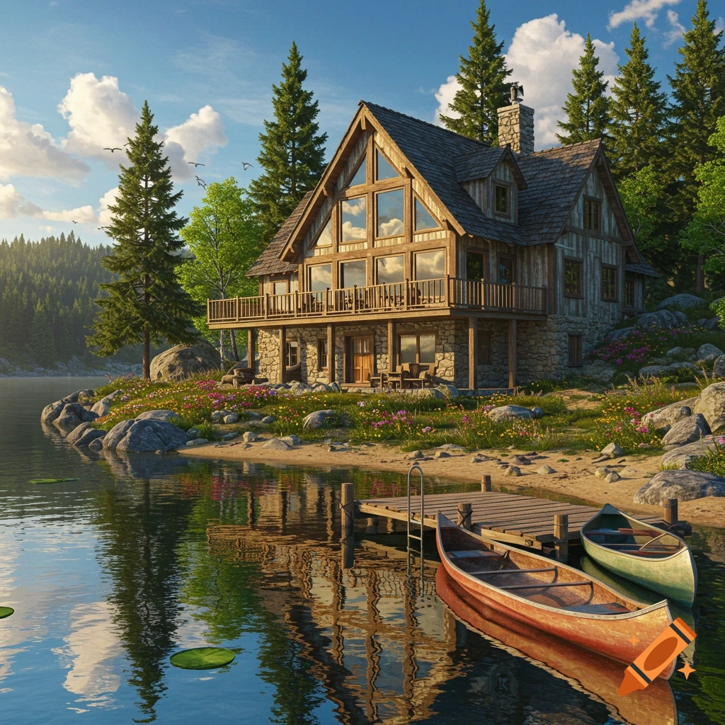 Photorealistic image of a rustic lake house on a sandy shore with a dock and two canoes, surrounded by pine trees under a blue sky.