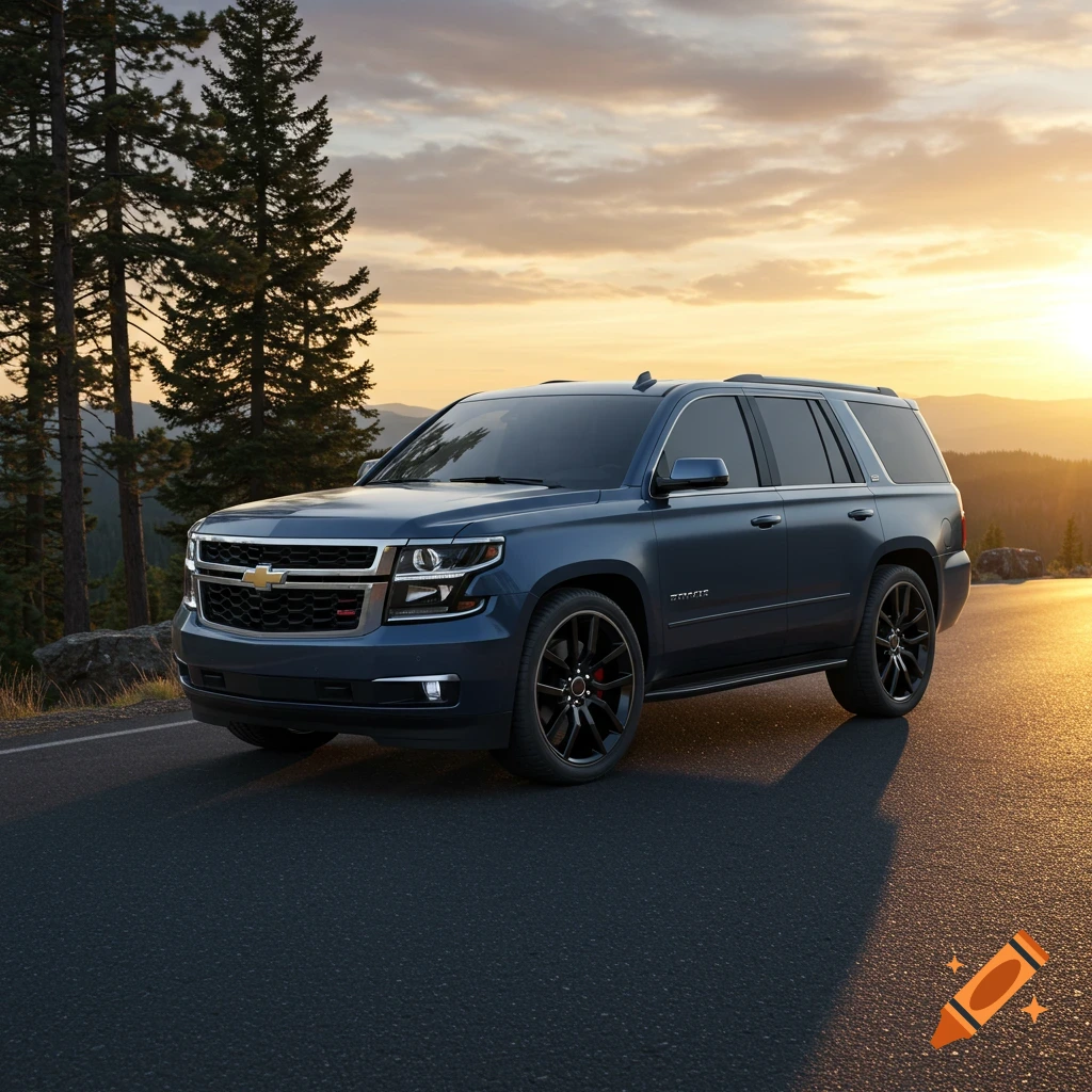 A dark blue Chevrolet Tahoe SUV parked on a road at sunset with pine trees and mountains in the background.