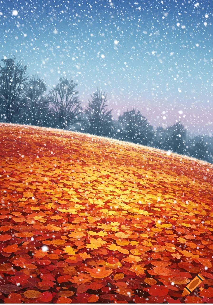 A vibrant field of orange and red autumn leaves covered in falling white snow, with dark trees against a blue and pink sky in the background.