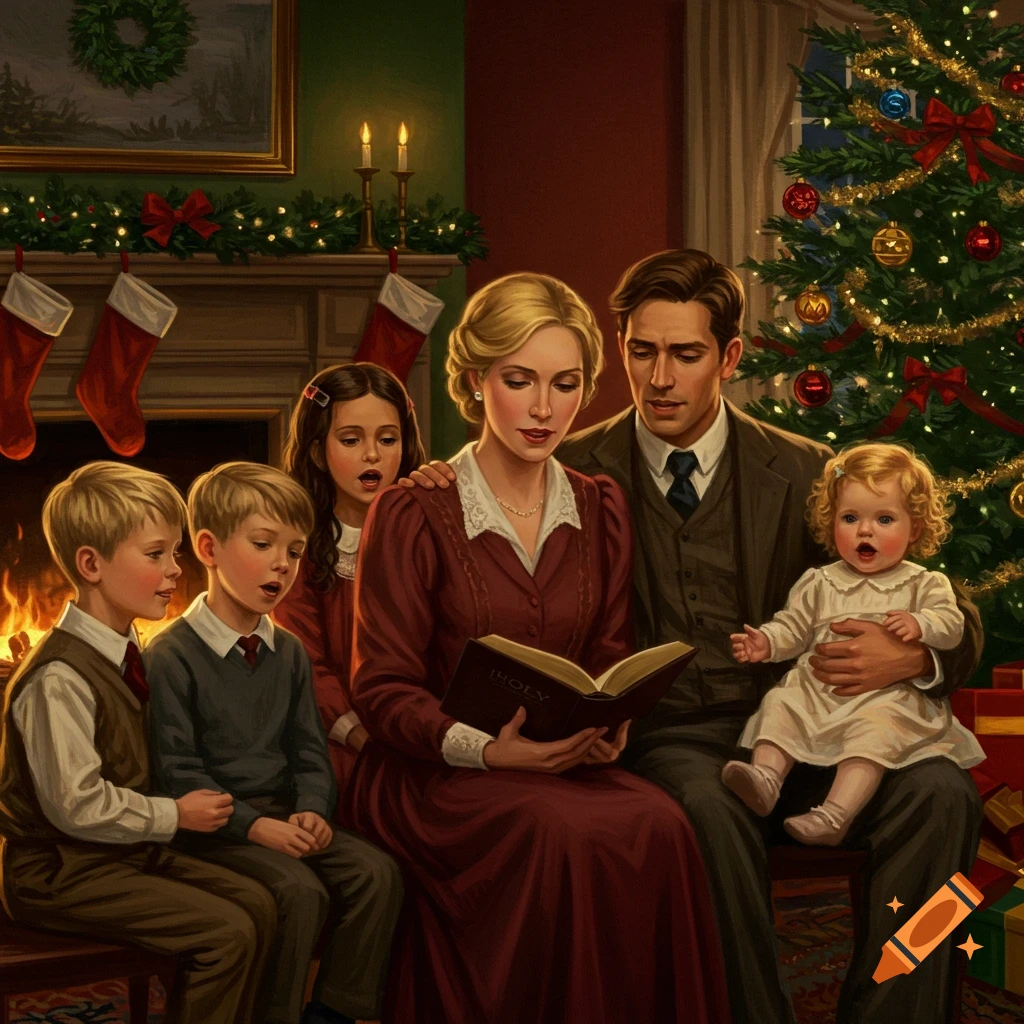 A 1920s style painting of a family celebrating Christmas, with a blonde mother reading a book to her four children, while a brunette father holds a baby next to a decorated Christmas tree and fireplace.