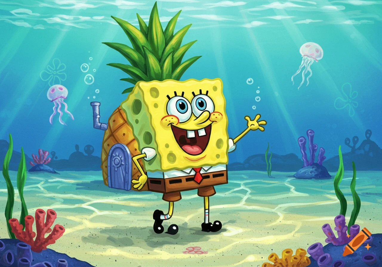Spongebob Squarepants stands underwater, smiling and waving, with his pineapple house integrated into his body.