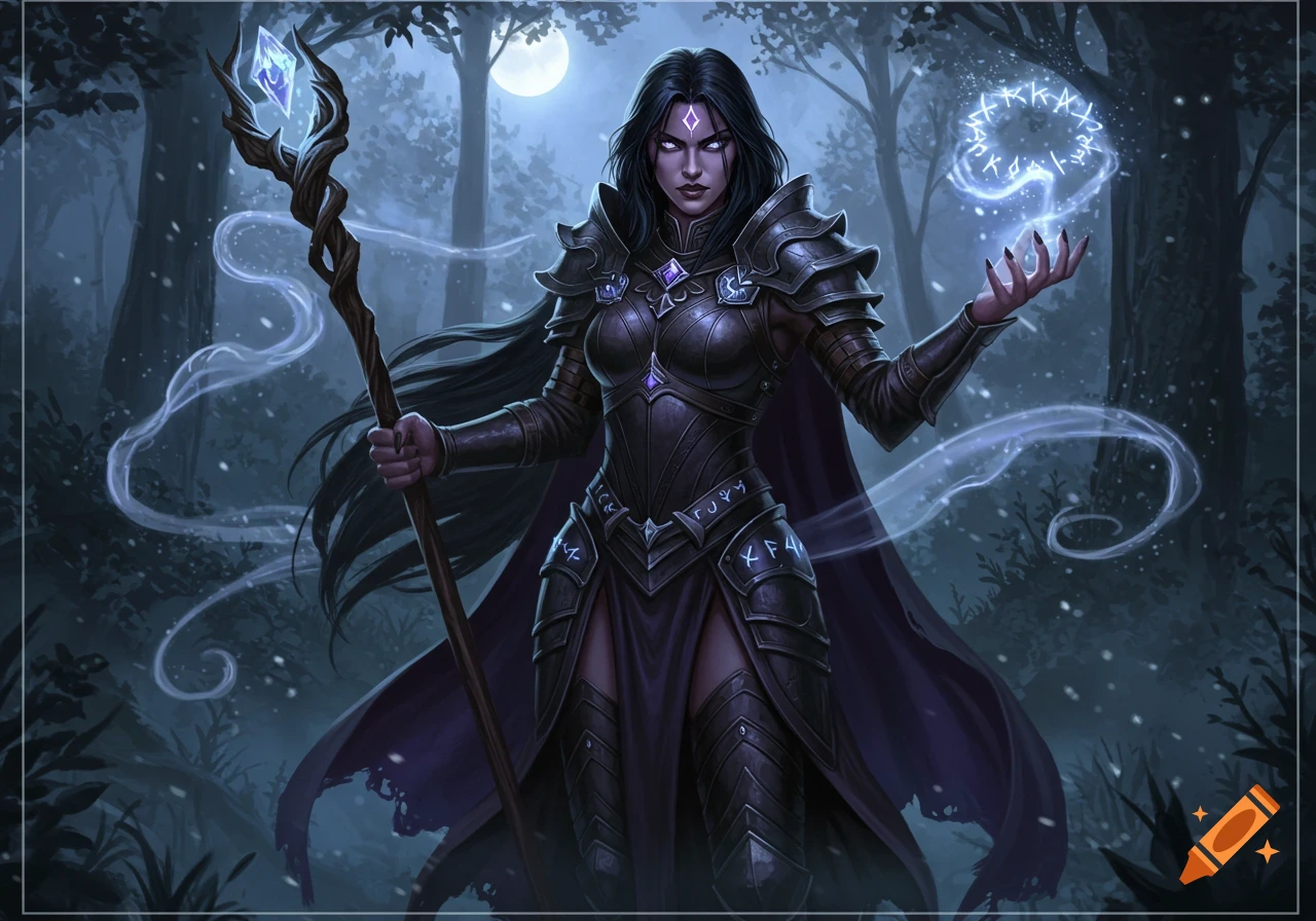 A dark-haired female warlock in ornate leather and plate armor stands in a moonlit forest, holding a staff and casting a spell.