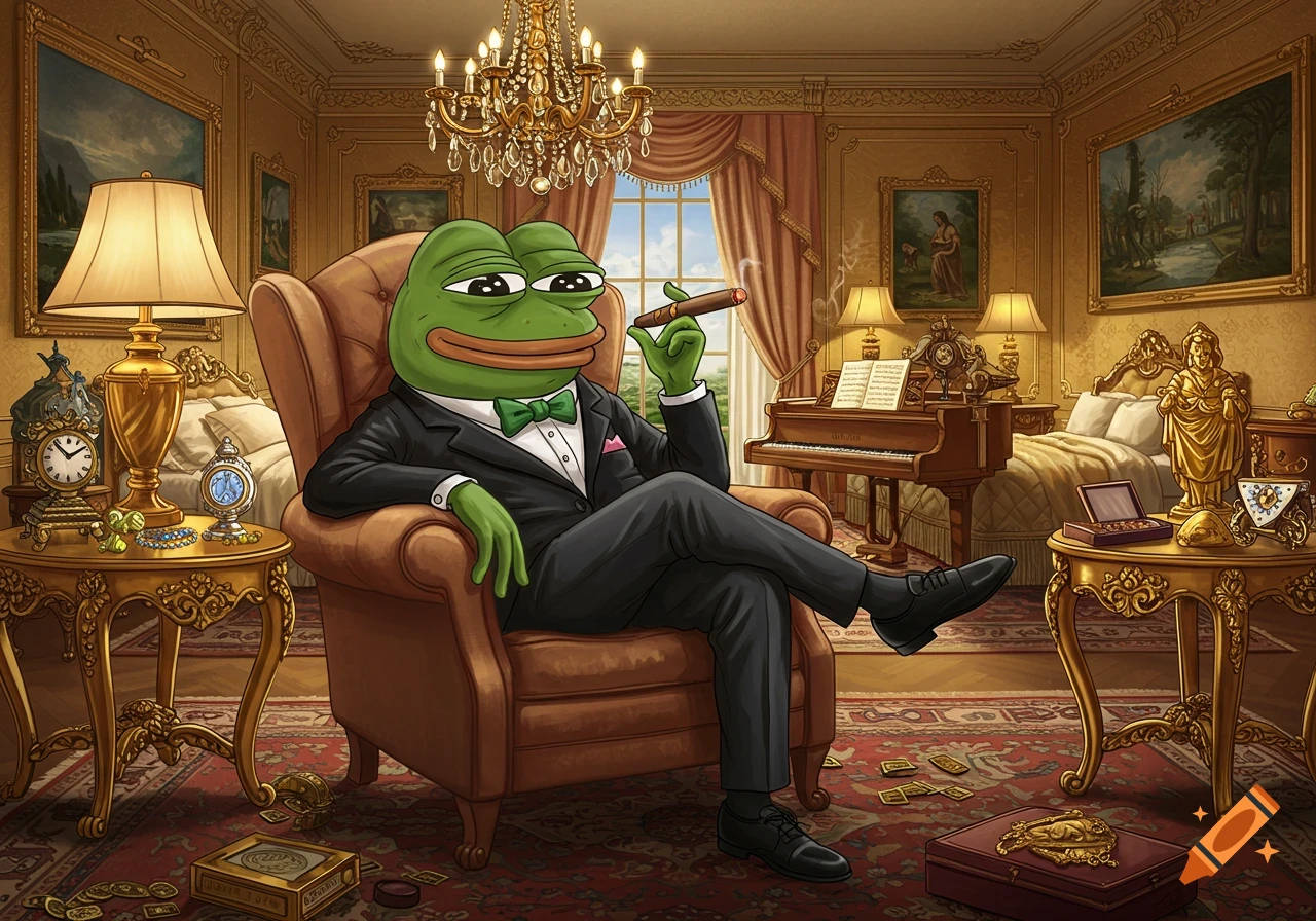 Pepe the Frog, dressed in a tuxedo, sits in a plush armchair smoking a cigar in an opulent room with gold decor and a piano.