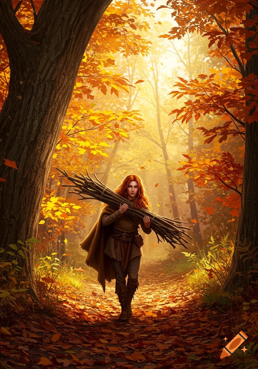 A detailed illustration of a red-haired woman carrying a bundle of sticks down a leaf-strewn path in a vibrant autumn forest.