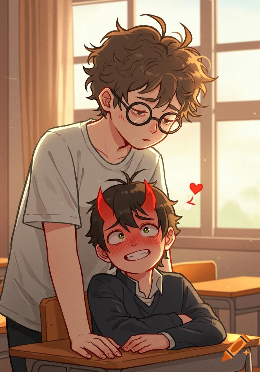 An older boy in glasses leans playfully over a smaller demon boy who is blushing in a sunlit classroom, in an anime style.