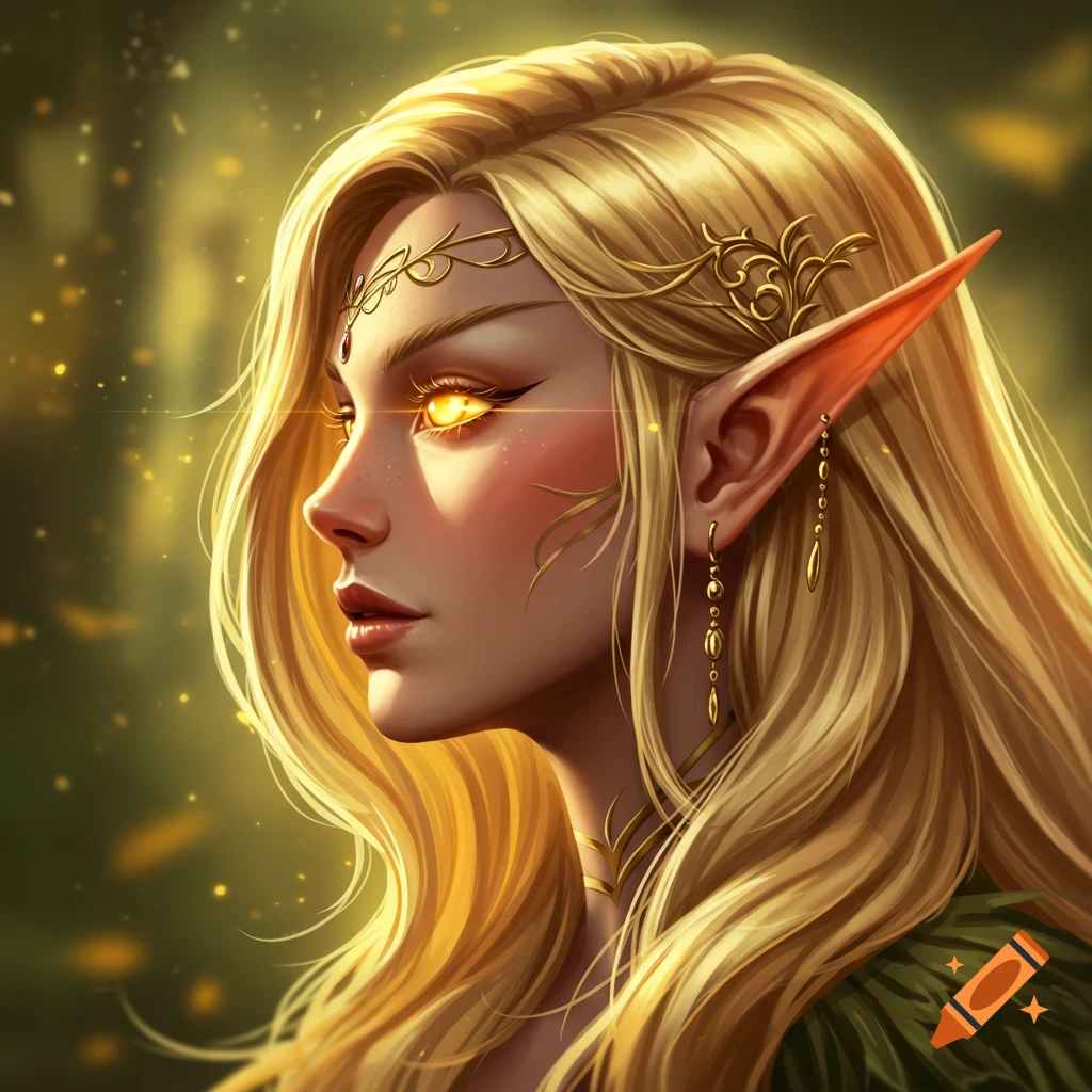 A close-up profile of a female elf with long golden hair, golden glowing eyes, and ornate golden headwear against a soft green background.