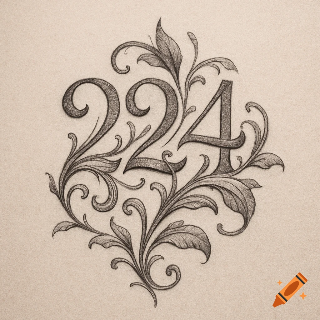 Decorative pencil sketch of the numbers '224' intricately woven into an elegant floral design on textured paper.