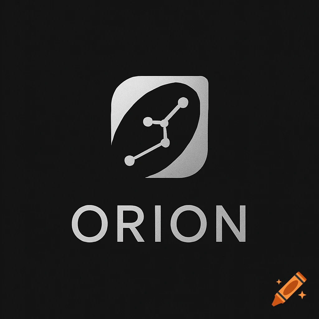 A minimalist silver logo featuring a constellation within a rounded square, with the word ORION below it on a black background.