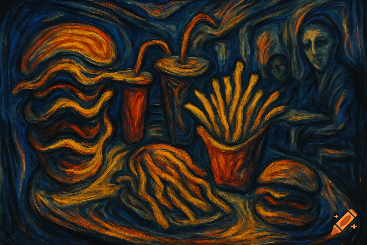An expressionistic painting in Edvard Munch style of fast food: a burger, fries, and soda cups with swirling dark blue and orange colors.