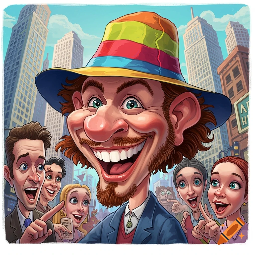 A cartoon caricature of a broadly smiling man in a colorful hat in a bustling city, surrounded by other excited, smiling people.
