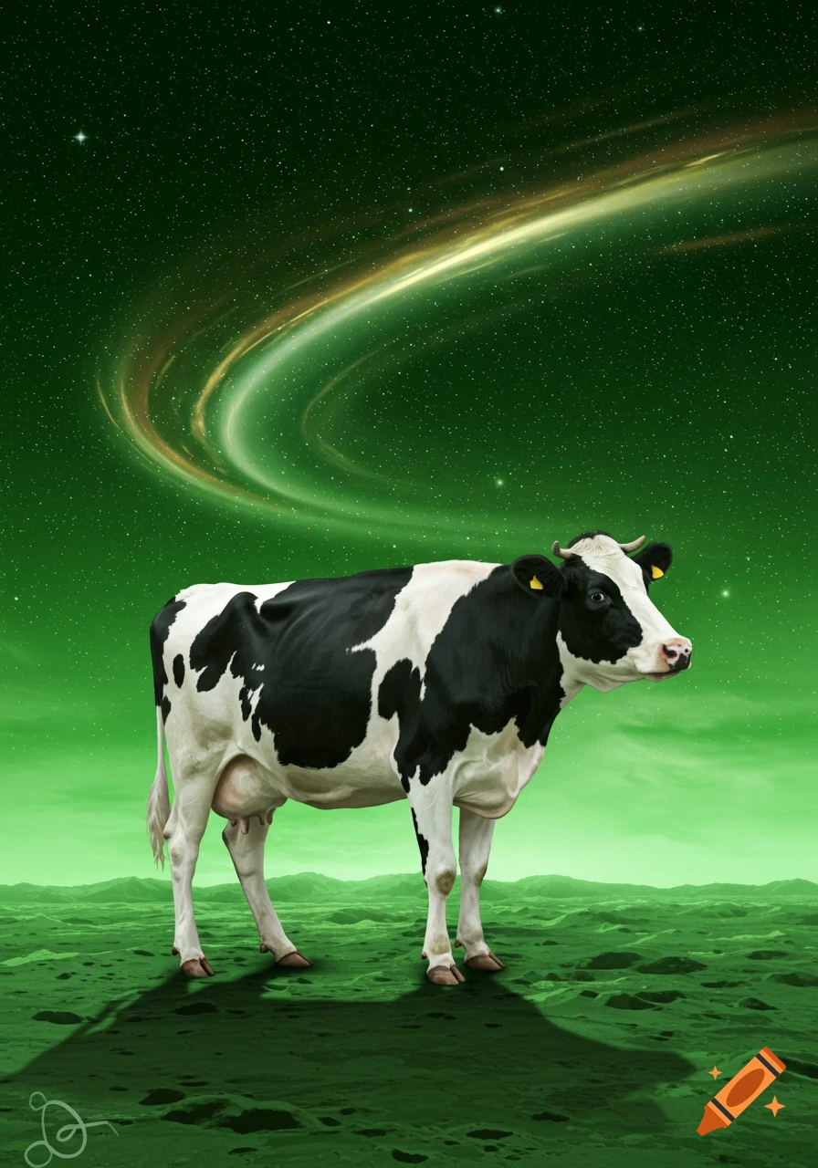 A black and white cow stands on a green, cratered alien landscape under a star-filled green sky with a glowing ring.