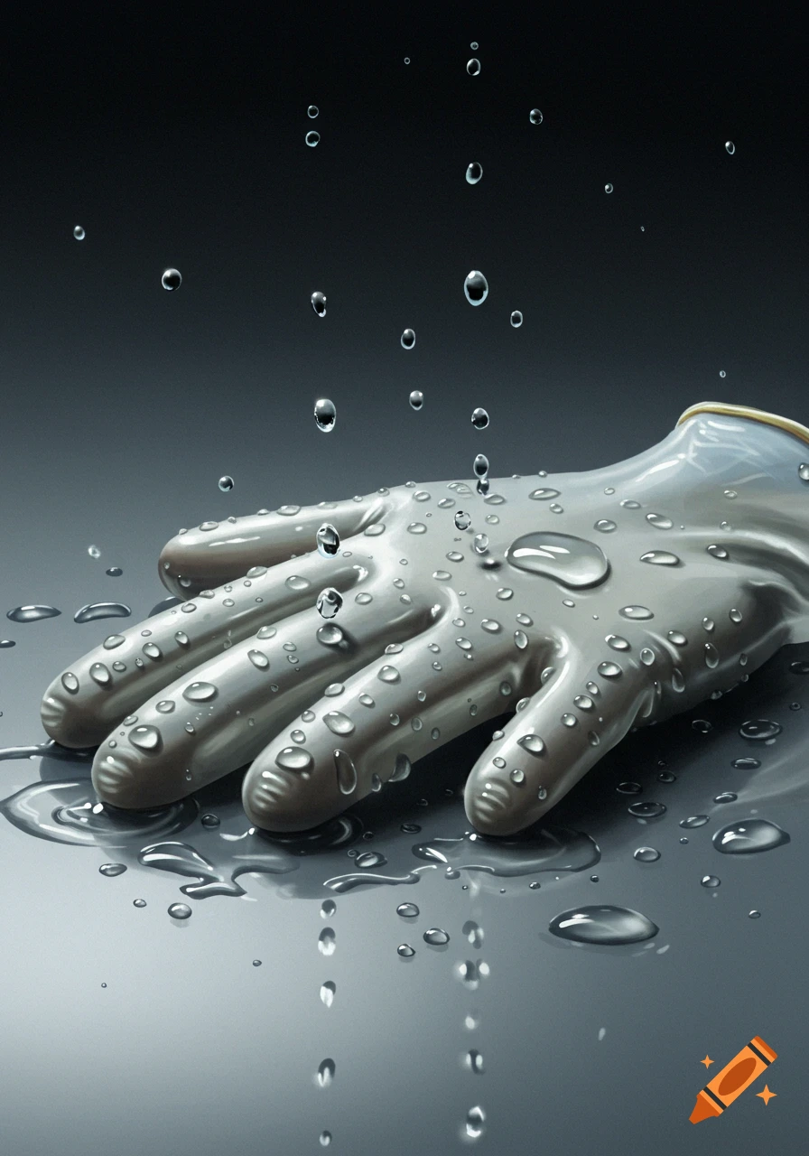 A close-up, photorealistic shot of a wet nitrile glove covered in water droplets, with water splashing and dripping onto a dark surface.