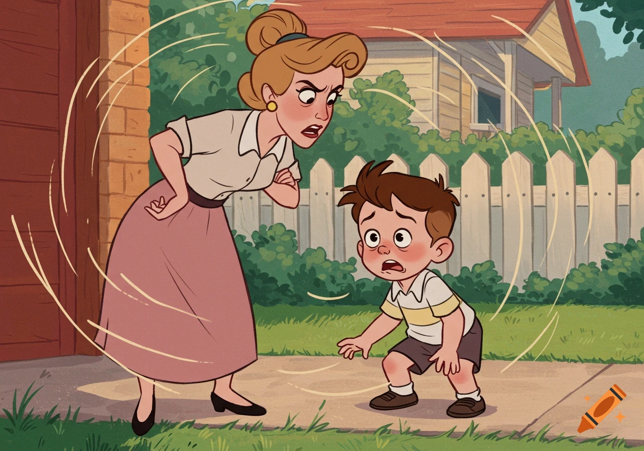 A cartoon illustration of an angry mother scolding her frightened son in a suburban yard.