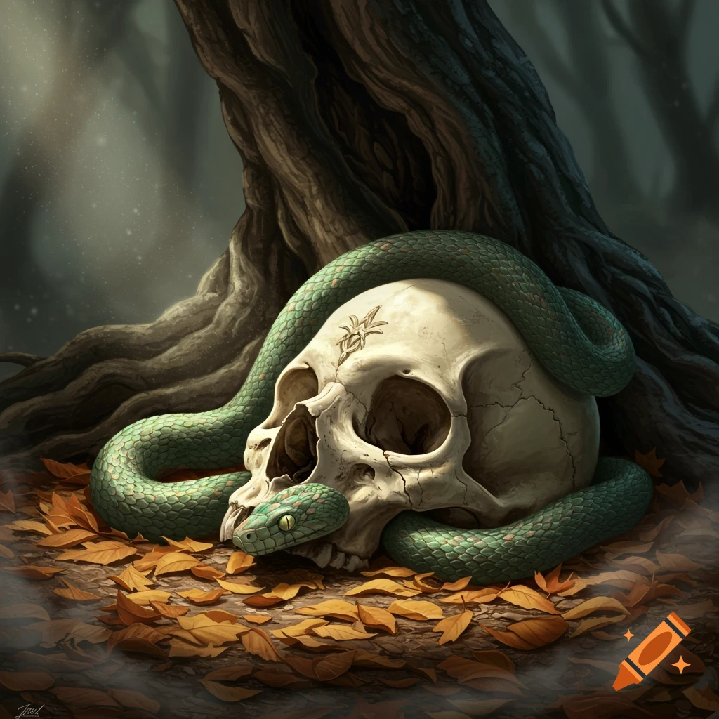 A green snake coiled around a human skull lying on a bed of autumn leaves beneath a large tree in a dark forest.