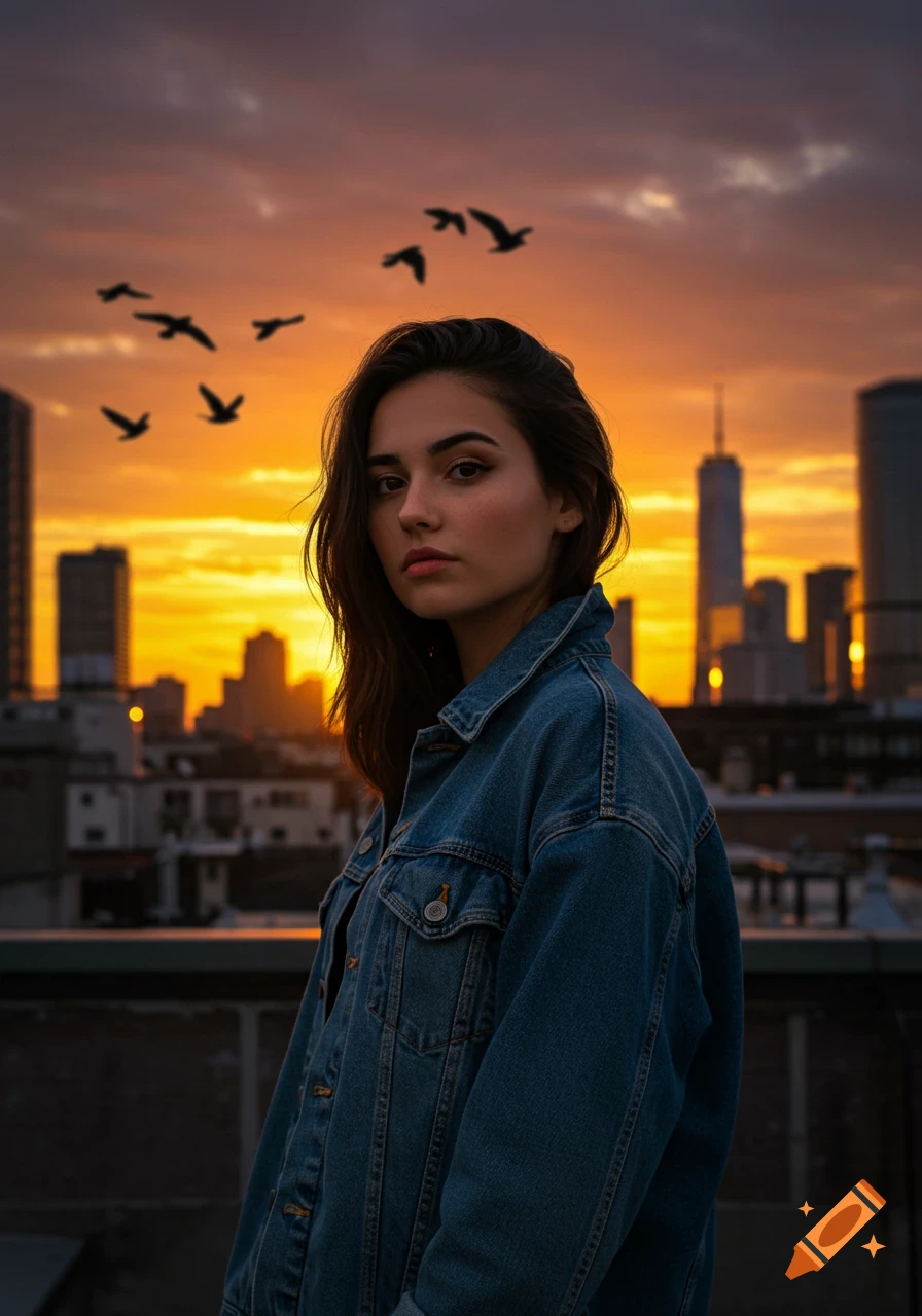 Young woman in a denim jacket on a rooftop at sunset, with a city skyline and birds flying overhead in a photorealistic style.