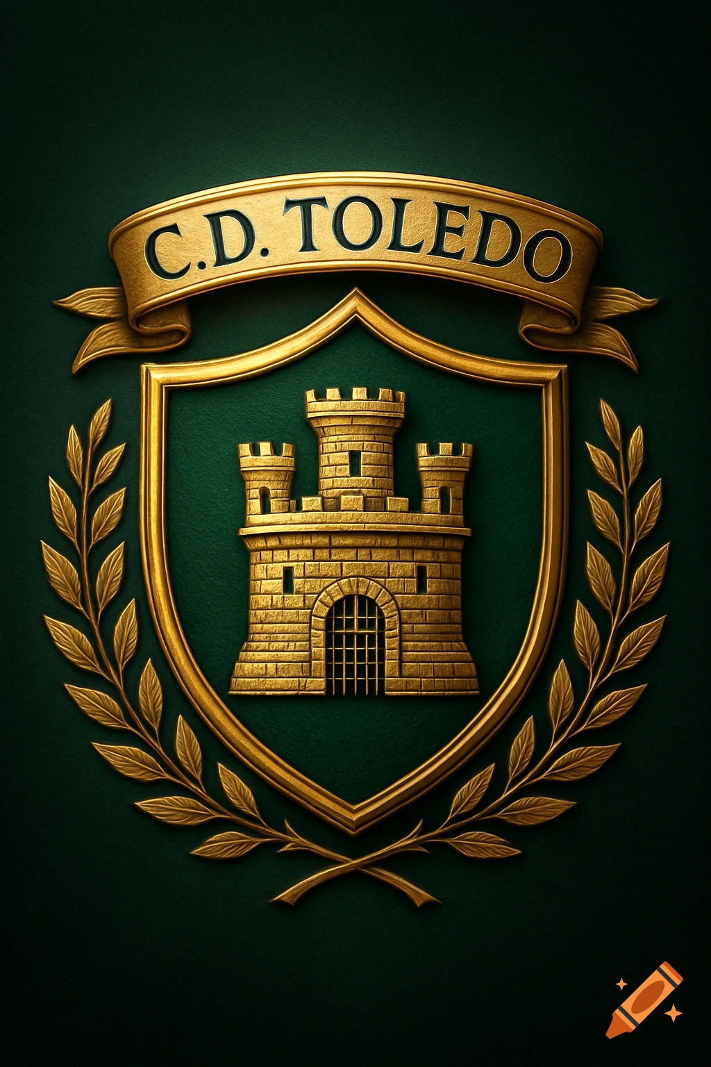 A golden crest featuring a castle on a shield, surrounded by laurel branches, with a banner above reading 'C.D. TOLEDO' on a dark green background.