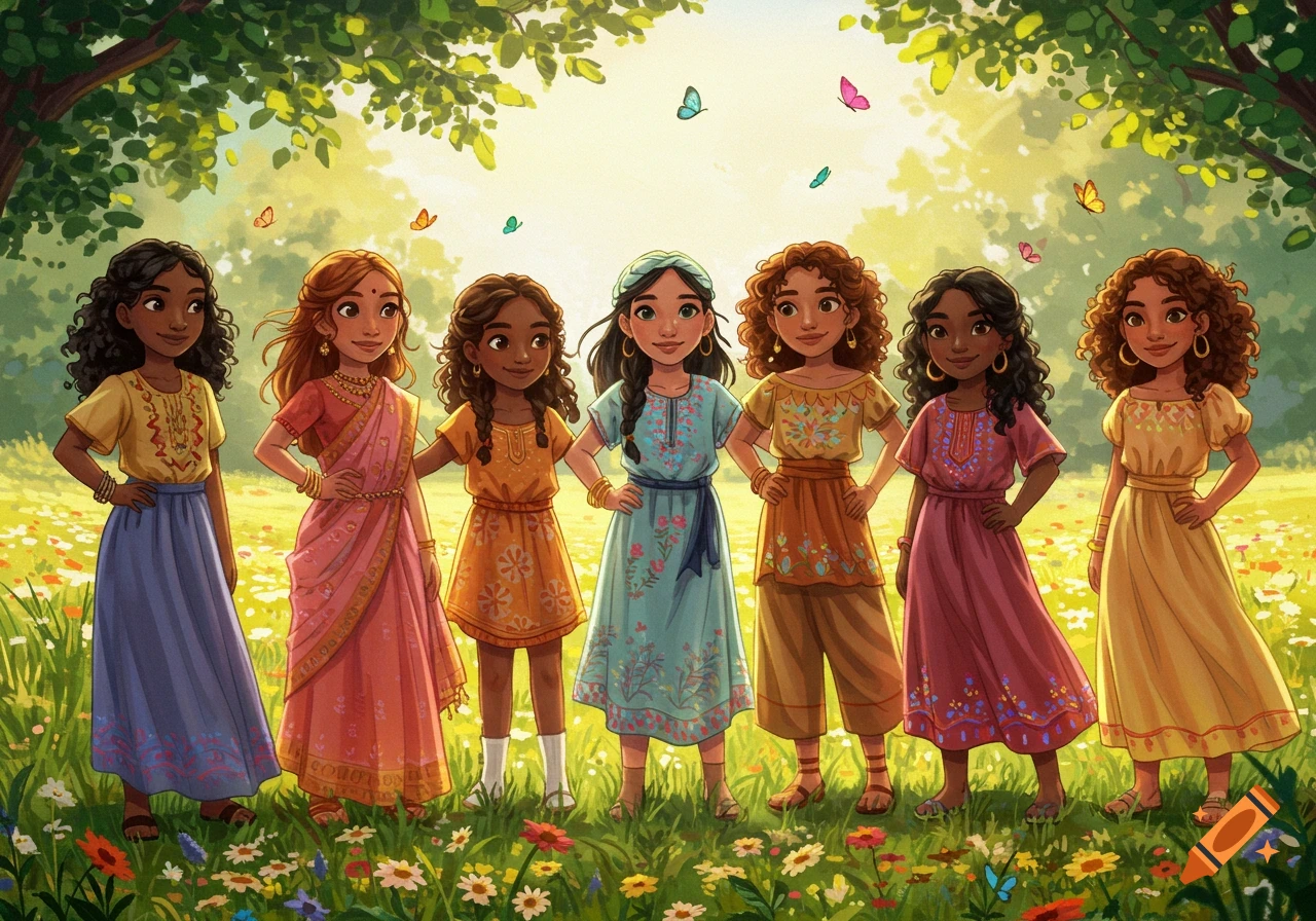 Seven diverse girls in colorful folk dresses stand smiling in a sunny, flower-filled field under trees, illustrated in a cheerful style.