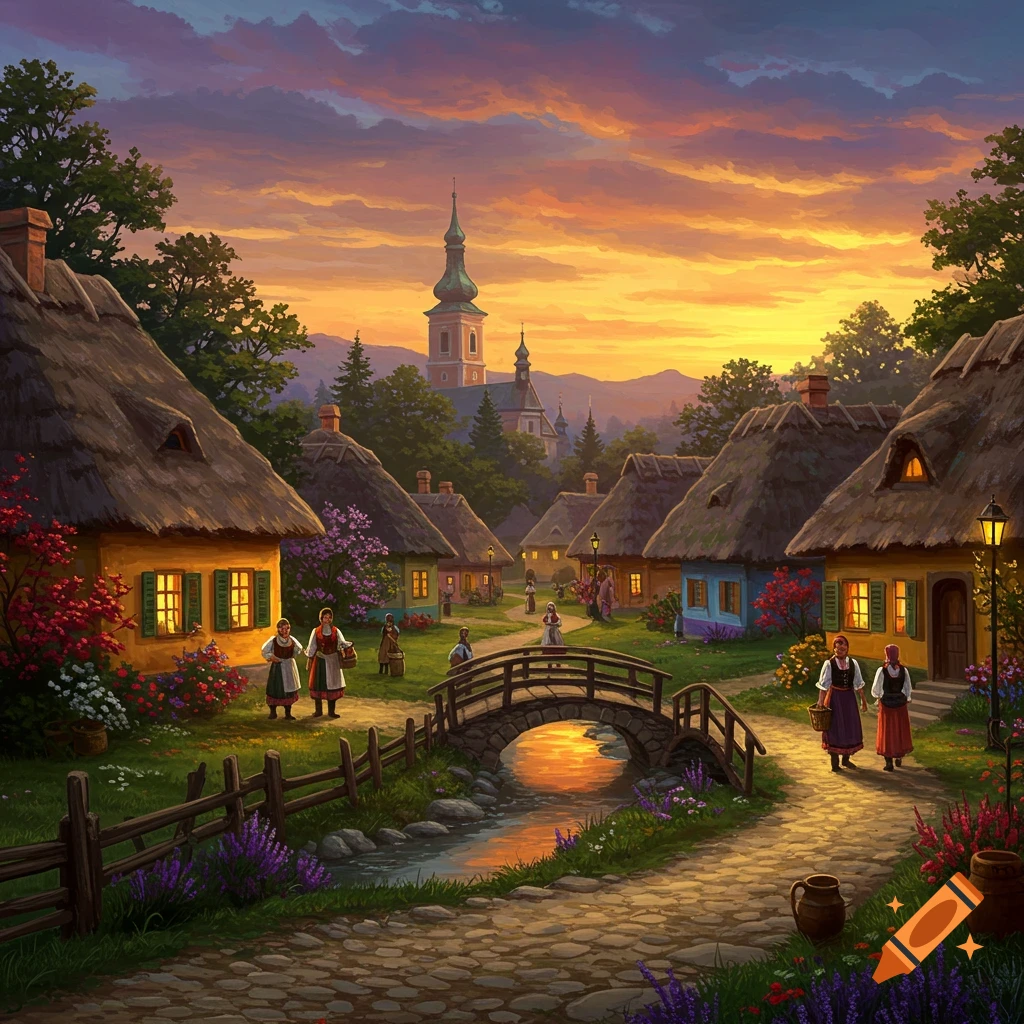 A vibrant painting depicting a rustic Hungarian village at sunset, featuring thatched-roof houses, a church, a stone bridge over a stream, and villagers.