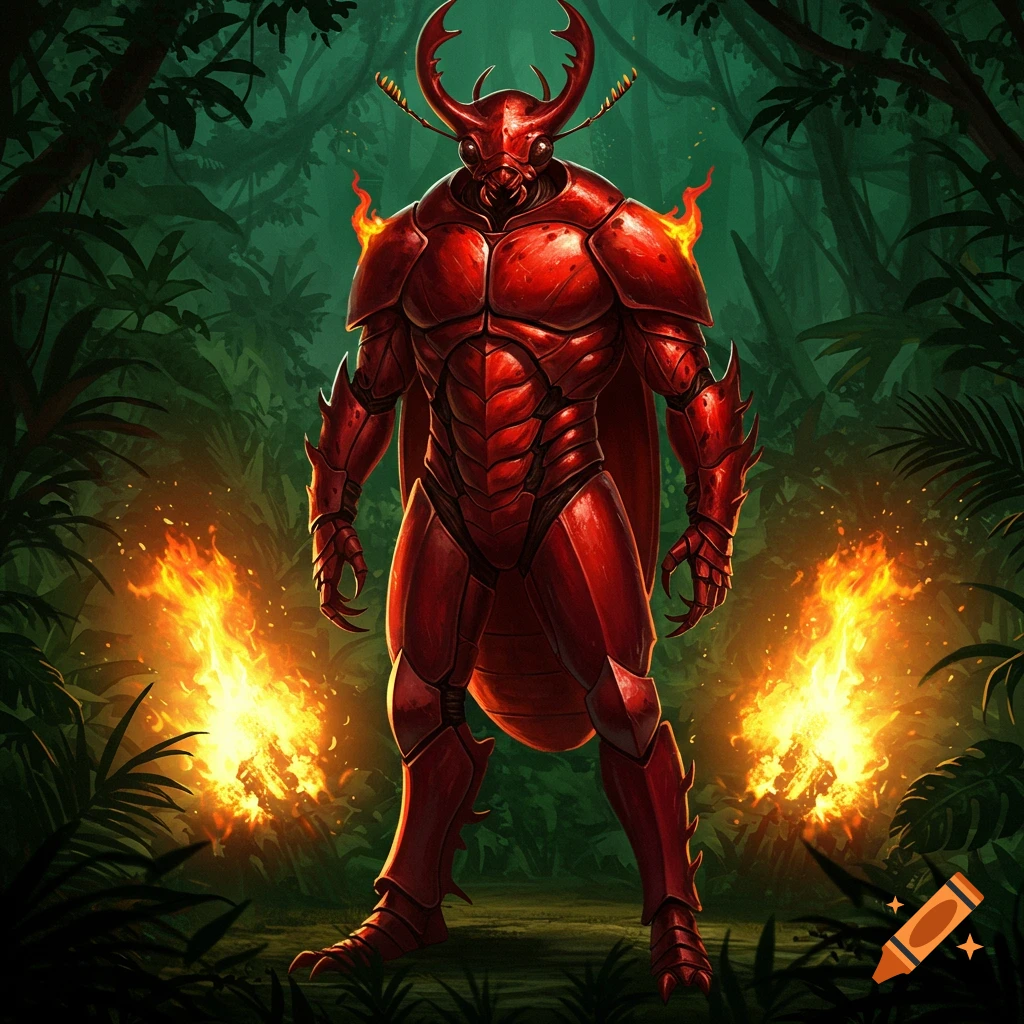 A red armored beetle-like creature with horns stands in a dark jungle, flames on its shoulders and two fires at its feet.
