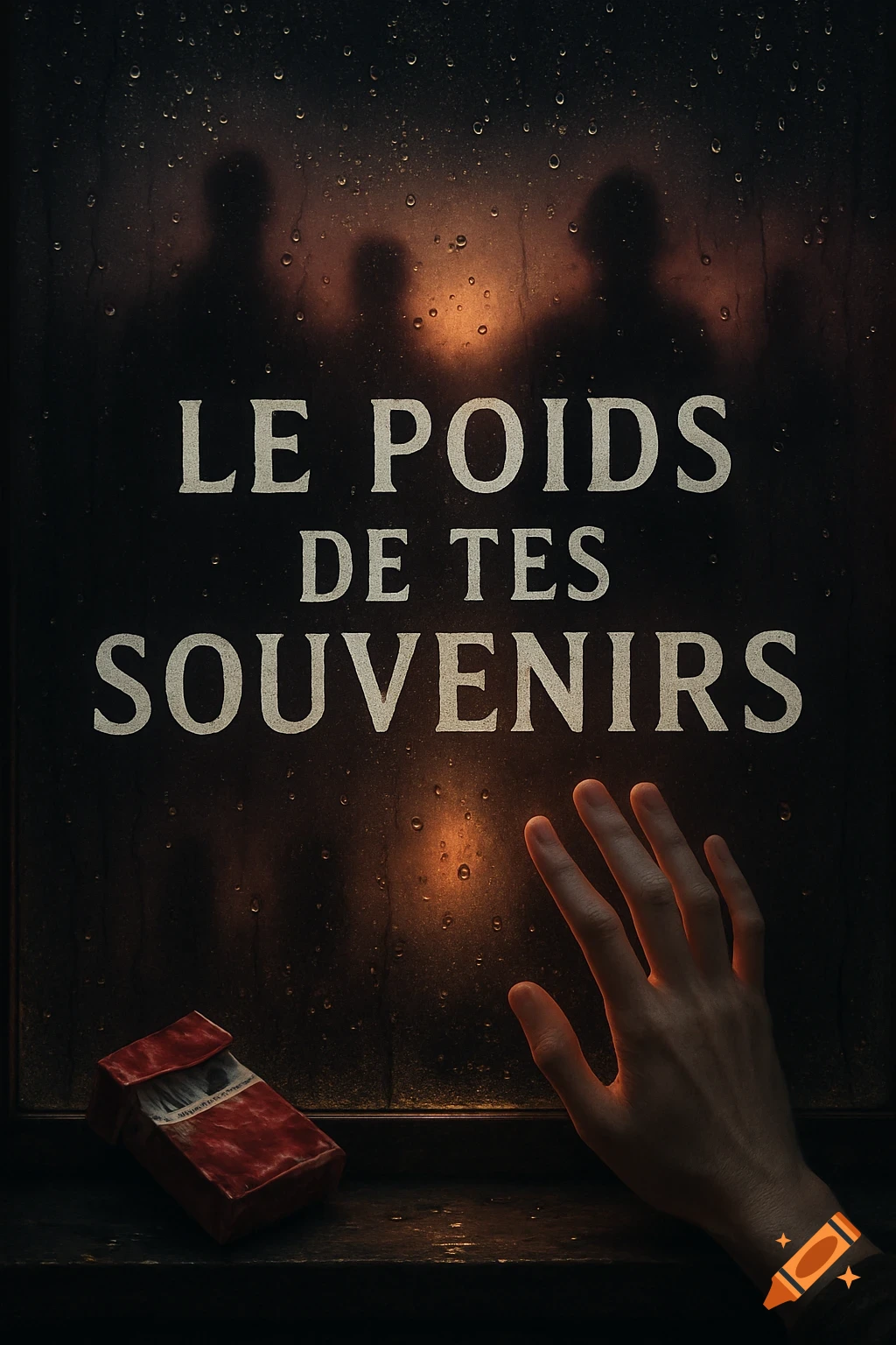 A hand touches a rain-streaked window with blurred figures outside. A crushed cigarette pack rests on the windowsill. The text "LE POIDS DE TES SOUVENIRS" is centered on the glass.