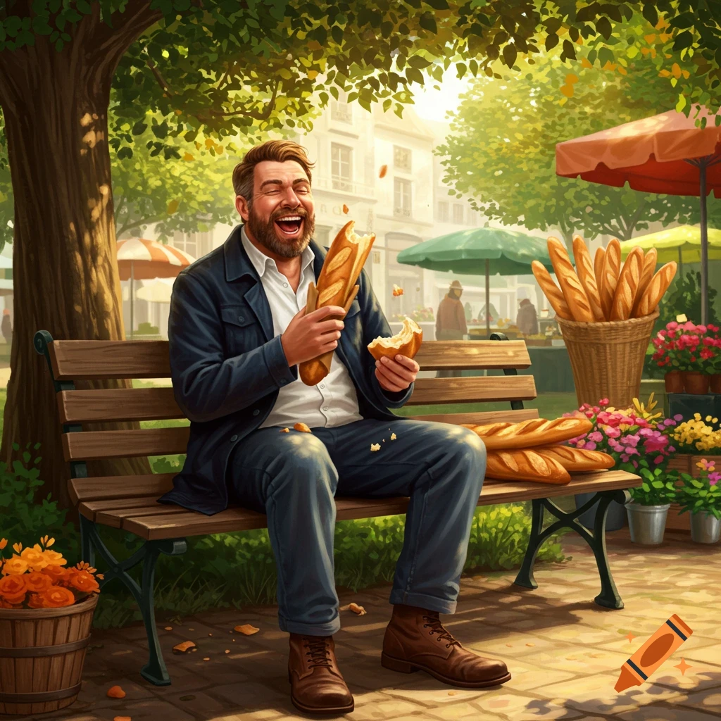 A man laughs while eating a baguette on a park bench, with an outdoor market and trees in the background.