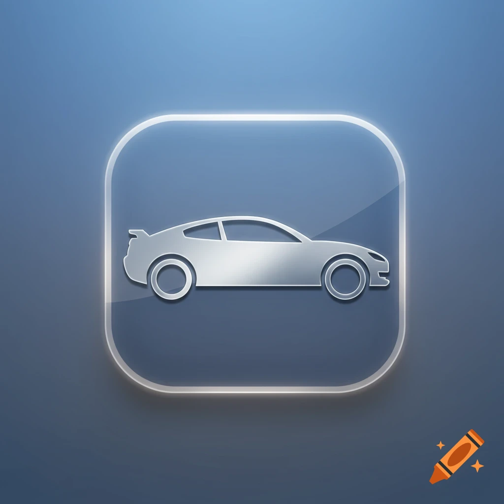 A silver car silhouette icon with a glossy finish on a blue gradient background within a rounded square.
