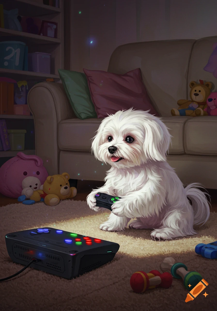 A fluffy white Maltese dog sits on a rug, holding a video game controller, next to an arcade stick in a cozy, dimly lit room.