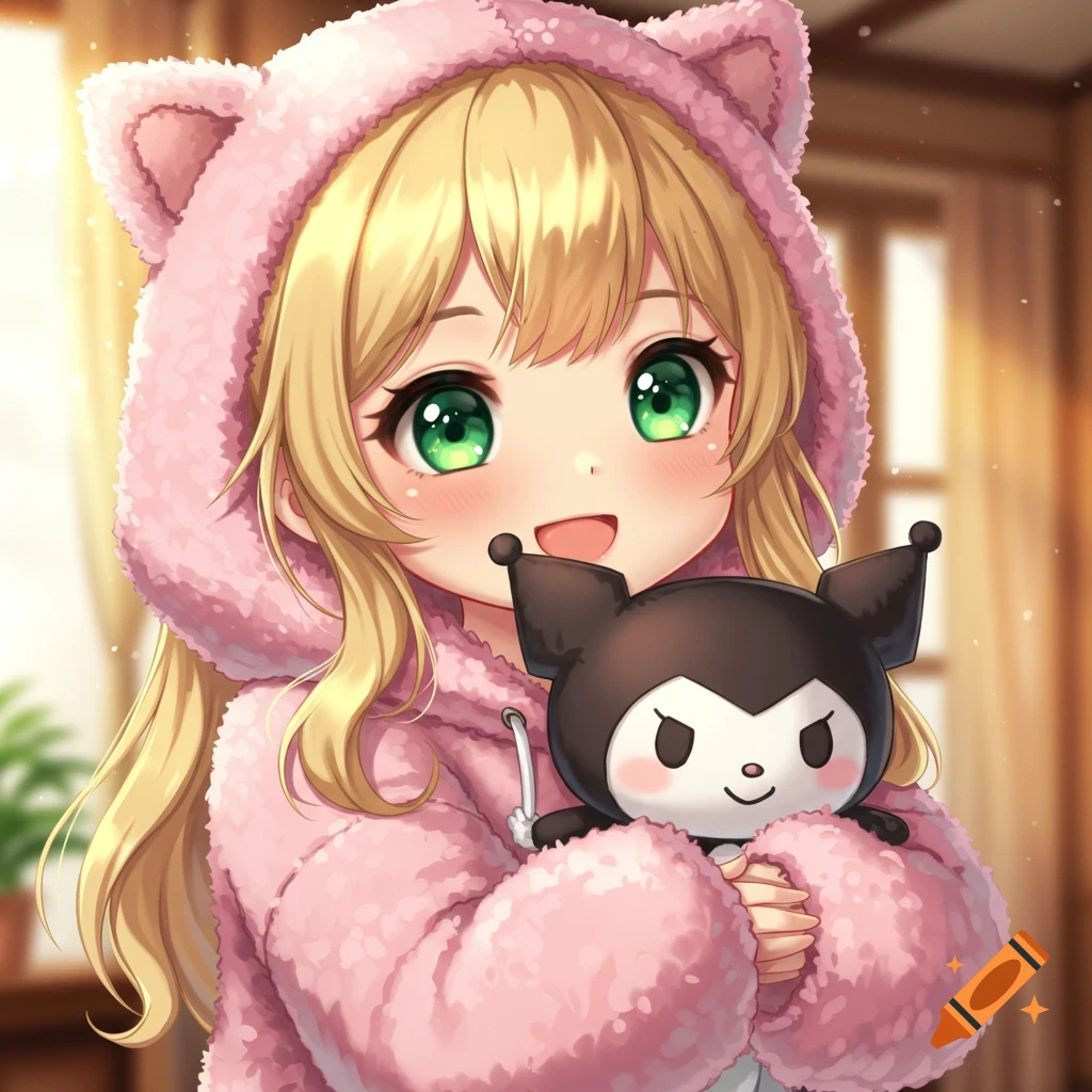 A cute anime girl with blonde hair and big green eyes wears a pink fluffy hoodie, happily holding a black plushie indoors.