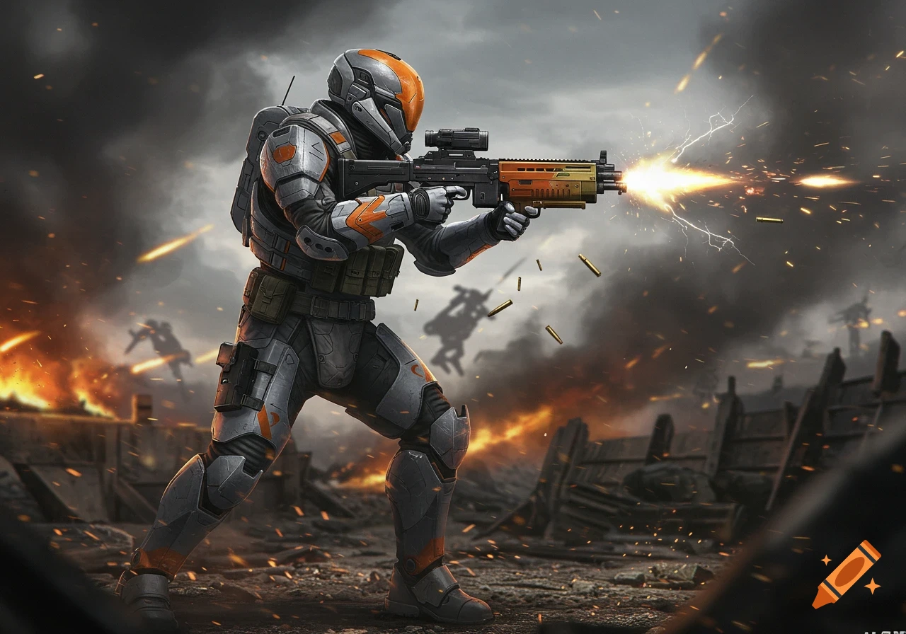 A futuristic grey and orange armored soldier, a Helldiver, fires a machine gun in a chaotic, fiery battlefield.