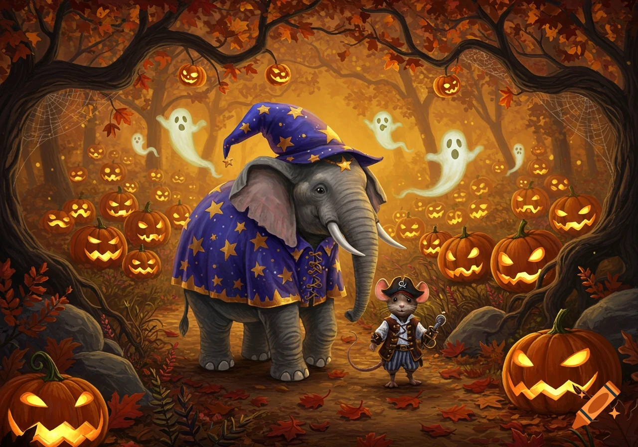 An elephant wizard and a pirate mouse stand in an autumn forest with glowing jack-o'-lanterns and floating ghosts, illustration.