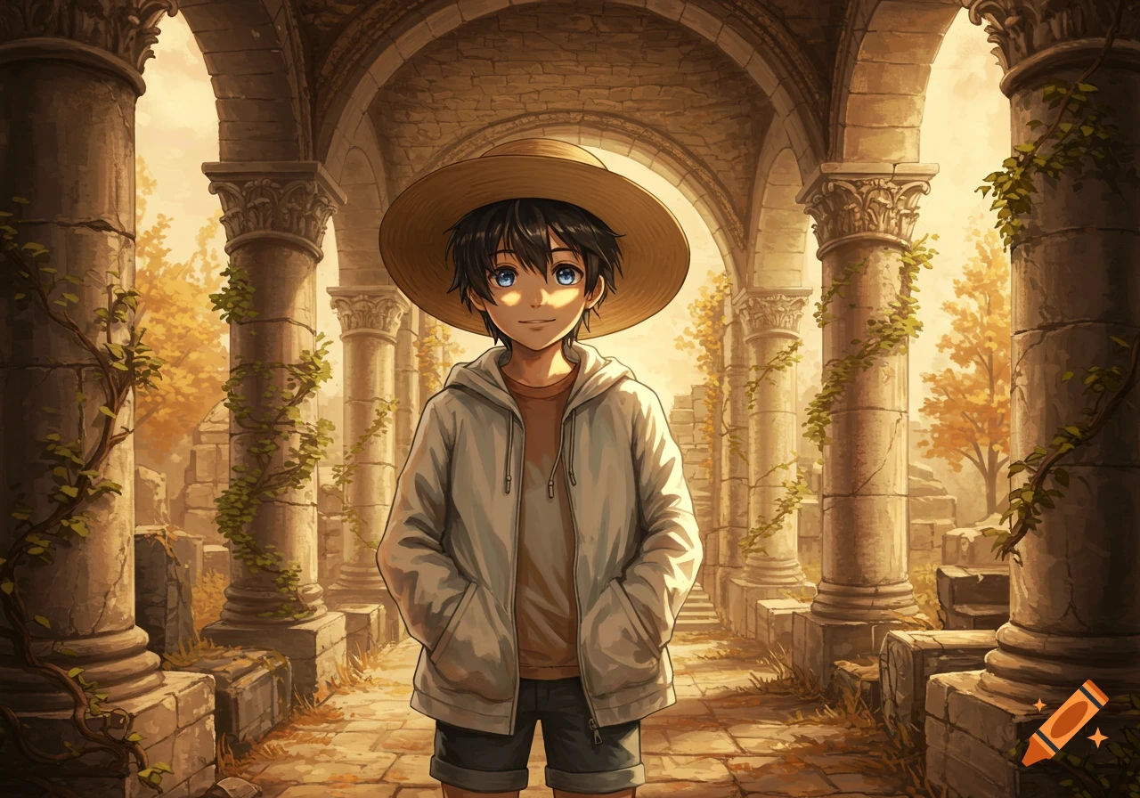 An anime boy with blue eyes, wearing a straw hat and light jacket, stands smiling in ancient stone ruins.
