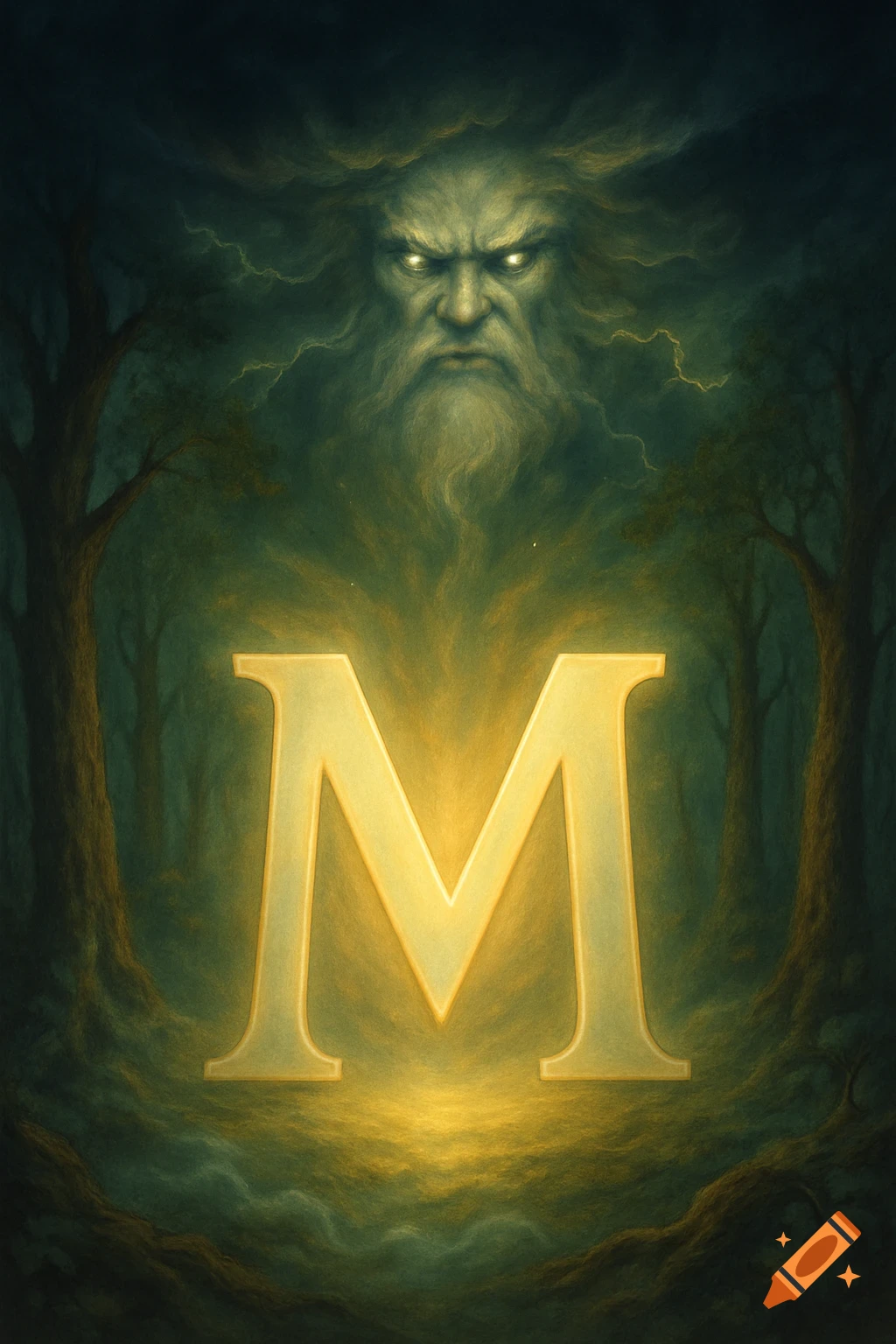 A glowing golden letter M in a dark, mystical forest, with an angry bearded god-like face emerging from stormy clouds above.
