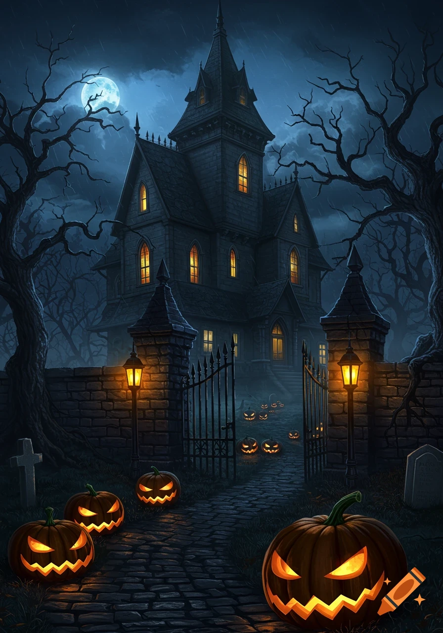 A spooky haunted mansion with glowing windows under a full moon, surrounded by bare trees, with jack-o'-lanterns lining a path.