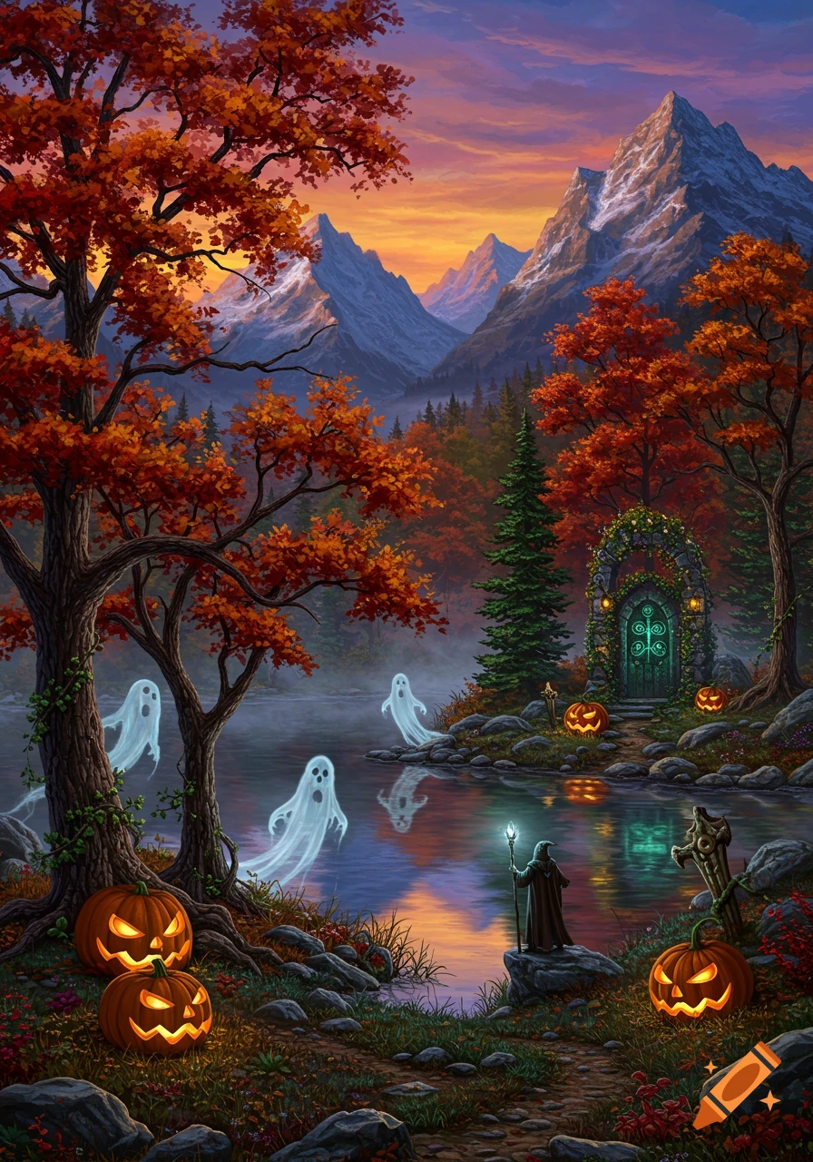 Oil painting of an autumn mountain landscape with a lake, ghostly figures, glowing pumpkins, and a cloaked figure, under a vibrant sunset.