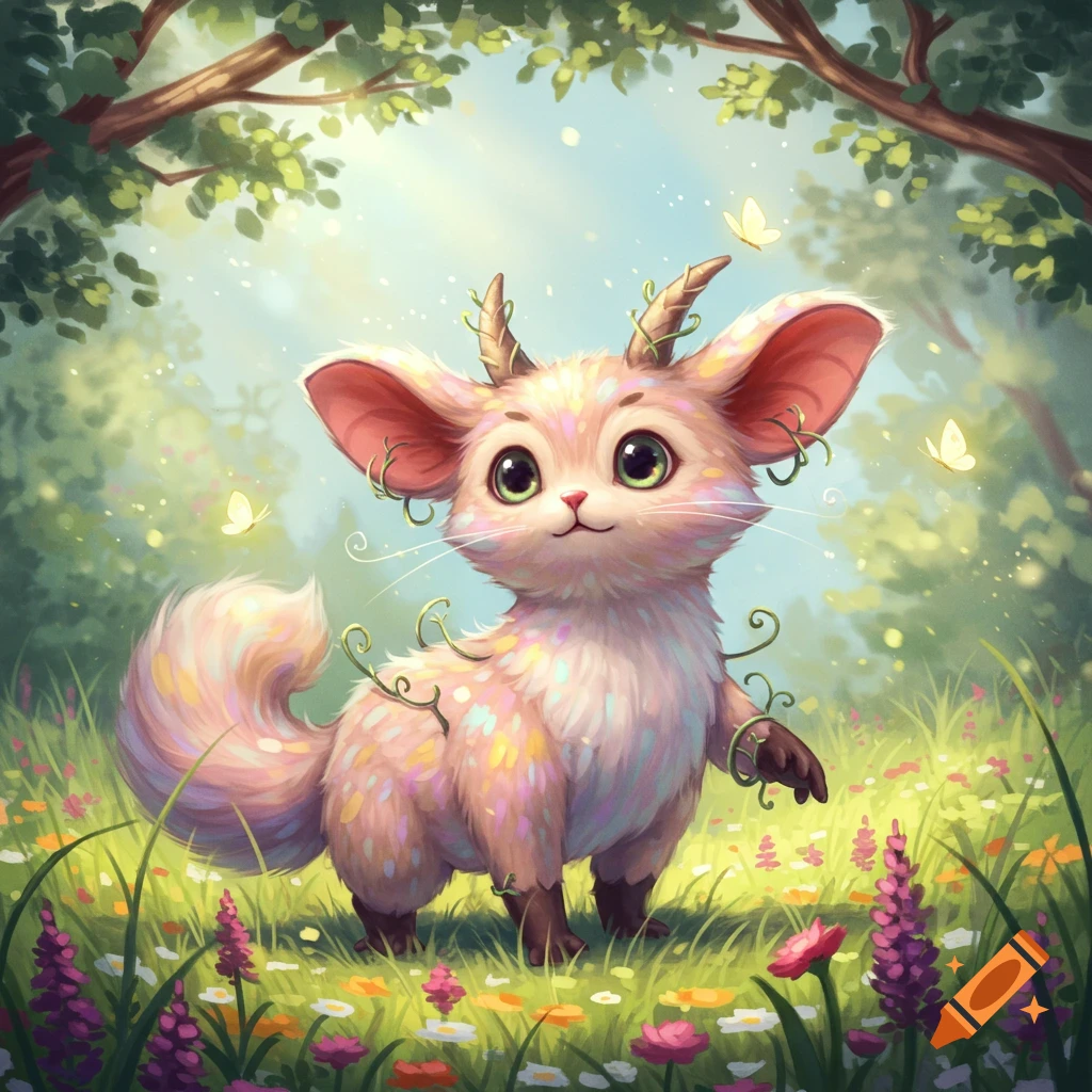 A fluffy, pastel-colored fantasy creature with large ears and small horns stands in a vibrant, sunlit forest clearing among wildflowers.