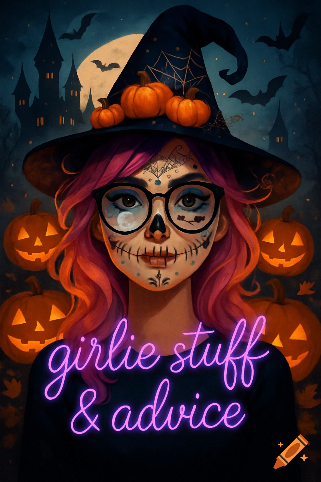 An illustration of a witch with skull face paint and a pointed hat adorned with pumpkins, against a Halloween night background with a full moon, bats, and a haunted castle. Pink neon text reads 'girlie stuff & advice'.