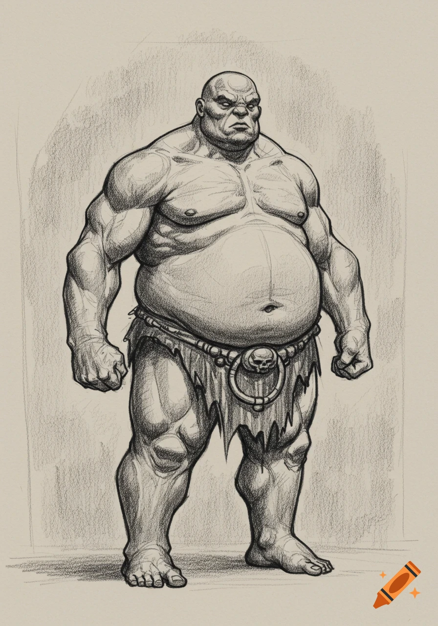 Pencil sketch of a bald, muscular man with a prominent belly and a tattered loincloth with a skull buckle.