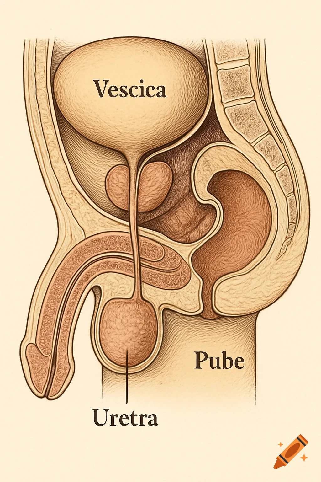 Sagittal view of male anatomy, showing labeled bladder, urethra, and pubic bone in an anatomical illustration style.