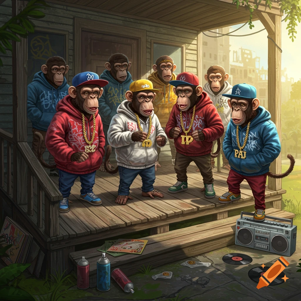 A group of stylish monkeys in hip-hop clothing, gold chains, and hats standing on a porch with a boombox and spray cans.