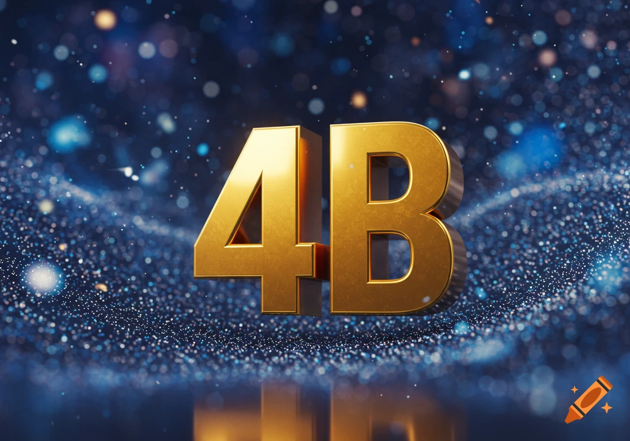 Golden 3D characters '4B' against a dark blue sparkling abstract background.