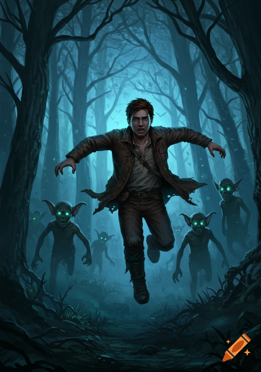 An illustration of a terrified man in a dark forest running from goblins with glowing eyes.